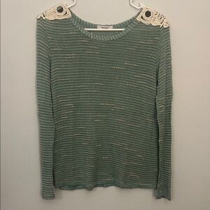 Free People Green Striped Long Sleeve with Lace Accents